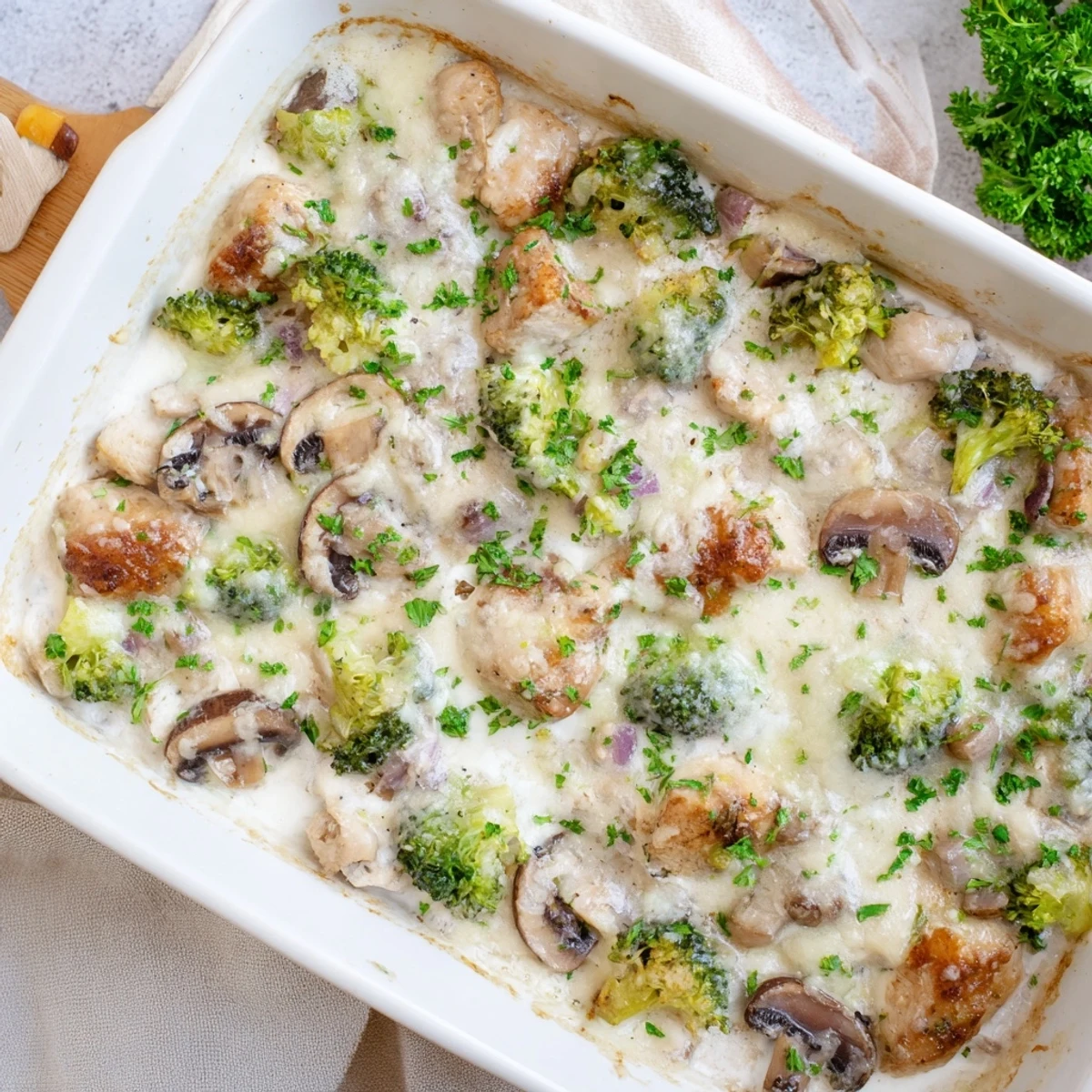 Golden cheesy low carb chicken casserole topped with melted mozzarella and fresh parsley