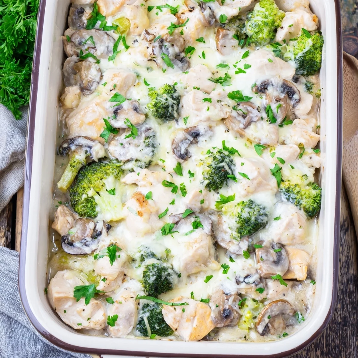 Savory low carb chicken casserole dish loaded with vegetables and rich melted cheese