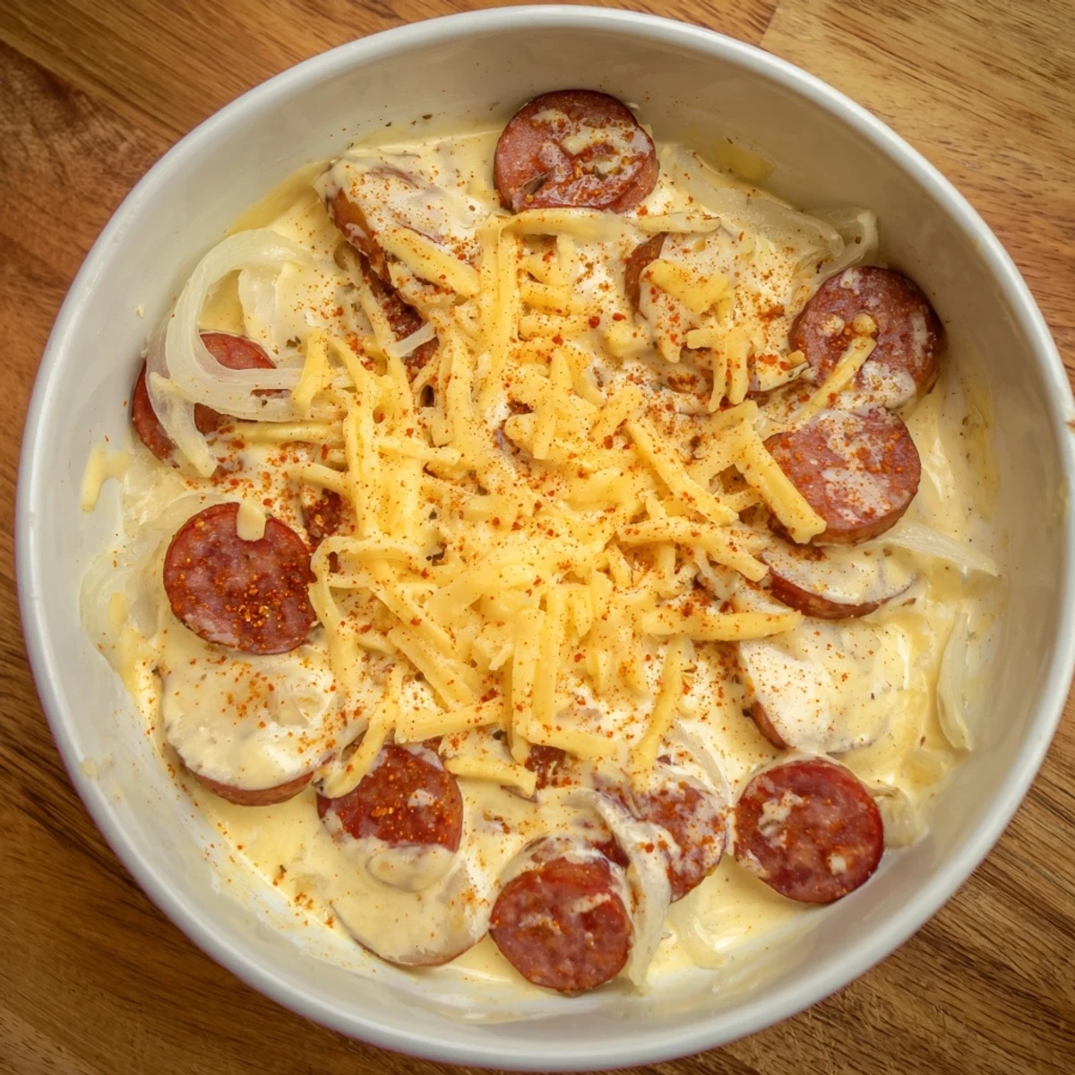 Couche tendre de pommes de terre jaunes, saucisses fumées et fromage cheddar onctueux mijoté lentement