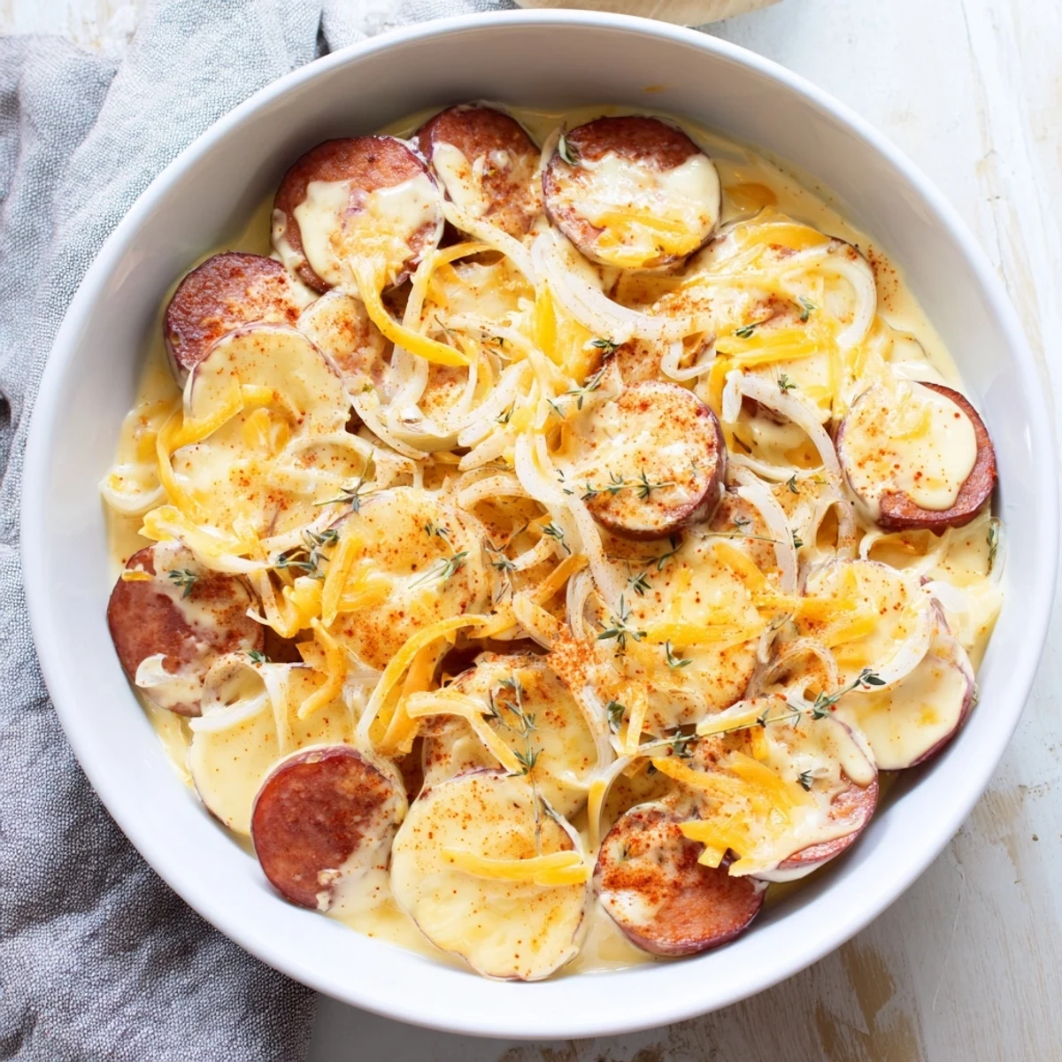 Plat réconfortant rustique composé de pommes de terre en tranches fines, kielbasa grillé et sauce crémeuse au fromage