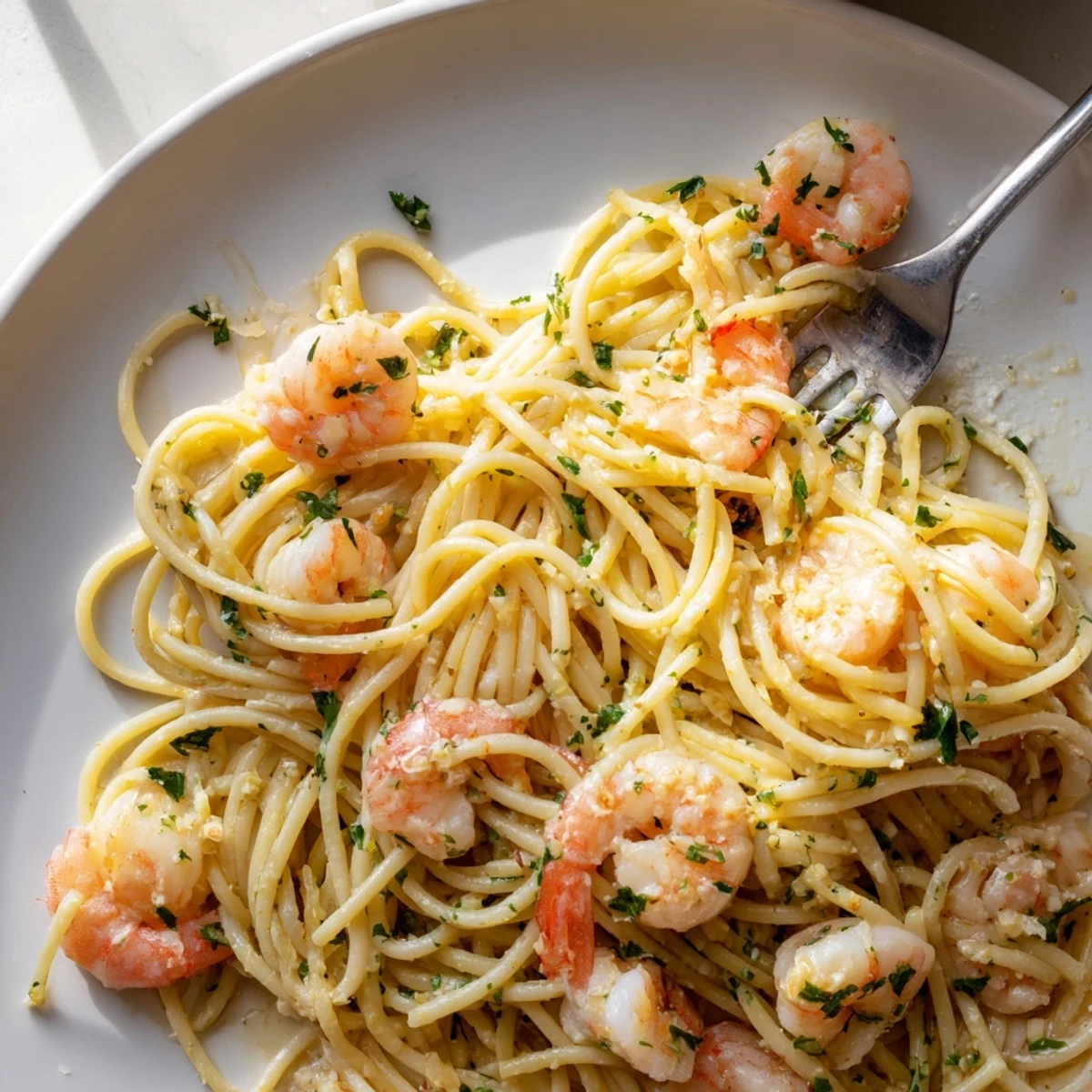 Plat de pâtes aux crevettes scampi avec spaghetti al dente nappé de sauce au beurre, vin blanc et citron