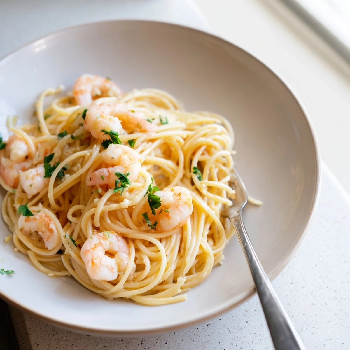 Pâtes scampi aux crevettes dans une sauce onctueuse au citron et vin blanc garnies de persil frais