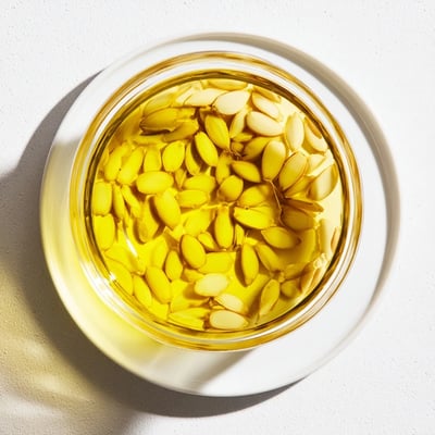 Une bouteille en verre montrant de l'huile d'ail dorée et parfumée, prête à être versée sur des plats italiens.