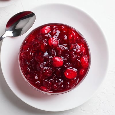 Bright red cranberry jelly glistening on a white plate, perfect for spreading on bread or crackers.