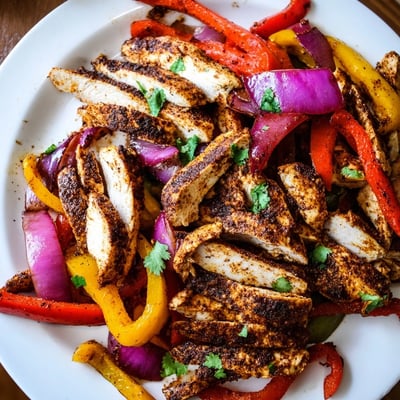Savoureux fajitas de poulet sur une plaque, avec légumes caramélisés, jus de lime et garniture de coriandre fraîche.