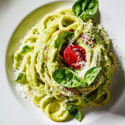 Bright green avocado sauce coats spaghetti noodles with halved cherry tomatoes for a fresh vegetarian dinner.
