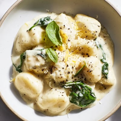 A skillet of Creamy Gnocchi with Spinach and Cream Sauce beside a glass of crisp white wine