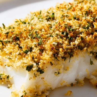 A plated Baked Cod with Panko and Herb Crust beside lemon wedges, rice, and bright green asparagus.