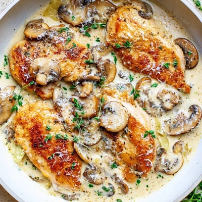 Une poêle Cremy Mushroom Chicken Skillet avec poulet doré et sauce crémeuse à l'ail