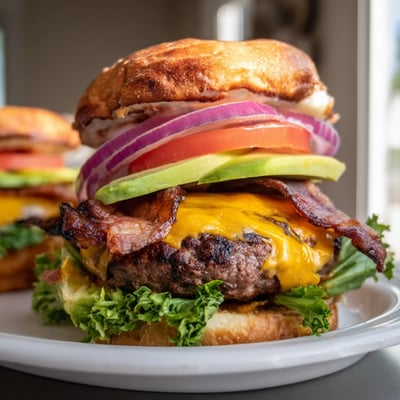 Un burger au bœuf avec avocat et bacon de bœuf servi avec des frites dorées croustillantes.