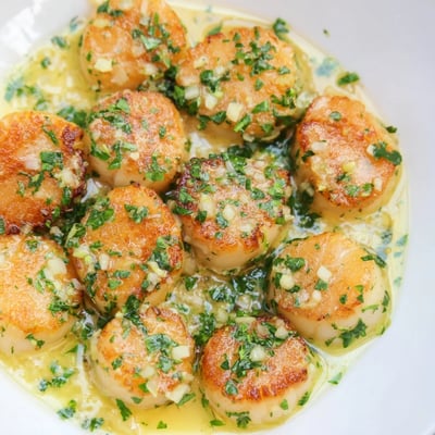 Scallops Lemon Garlic Scallops with Parsley garnis de persil frais, près d’un verre de vin blanc sec pour accompagner.
