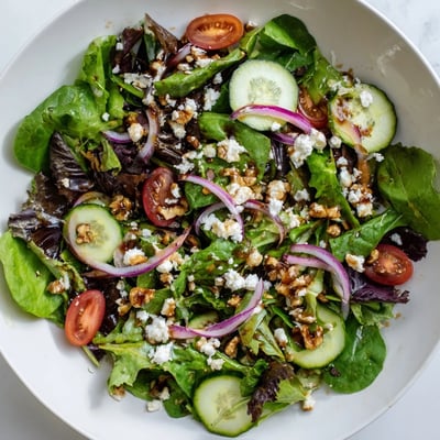 Salade printanière avec vinaigrette, cubes de concombre frais et oignon rouge émincé sur fond de roquette